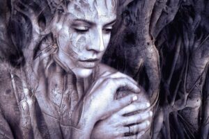 Artistic image of a woman enmeshed within tree roots